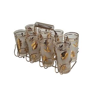 Set of 8 Libbey Gold Foliage Glasses with Metal Carrier